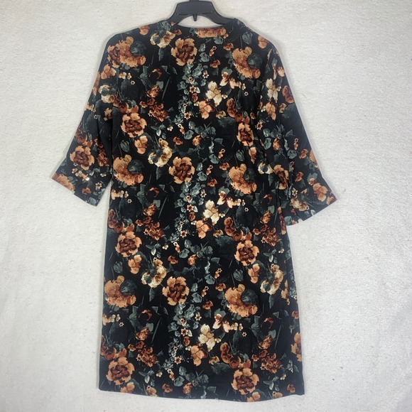 H&M Womens Black Floral Print 3/4 Sleeve V-Neck Shift Dress Sz 8 Polyester Boho - Picture 3 of 12